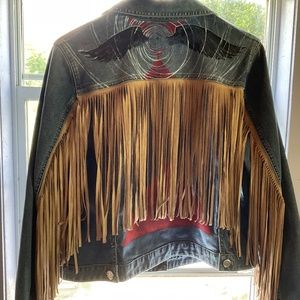 Bold HAND PAINTED Chicos jean jacket with fun fringe. Boho cowboy.